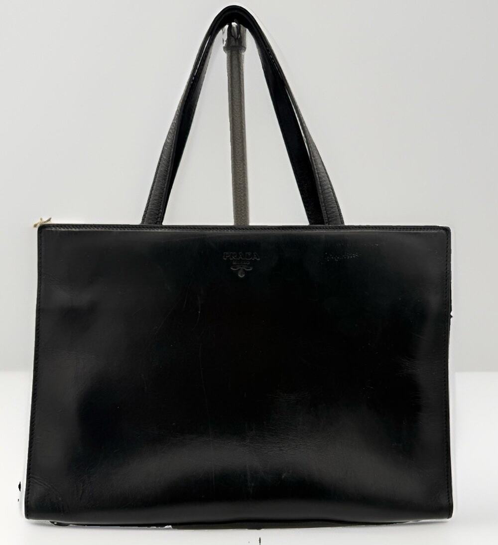 Prada Vintage Re Edition 1995 Vitello Black Leather Tote Center Zip 12”x3.5”
